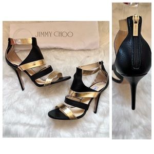 JIMMY CHOO Logo Besso Back & Gold Leather Strappy Heels